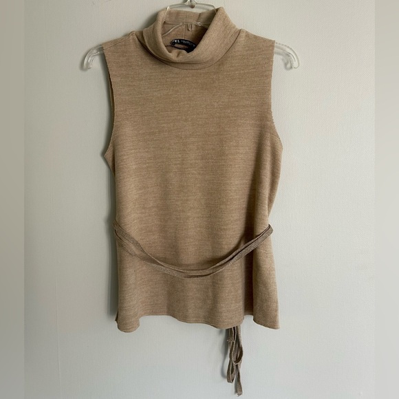 ZARA Tan Cowl Turtleneck Sleeveless Top Knit Vest Tie Waist Neutral Academia | M - Picture 3 of 9